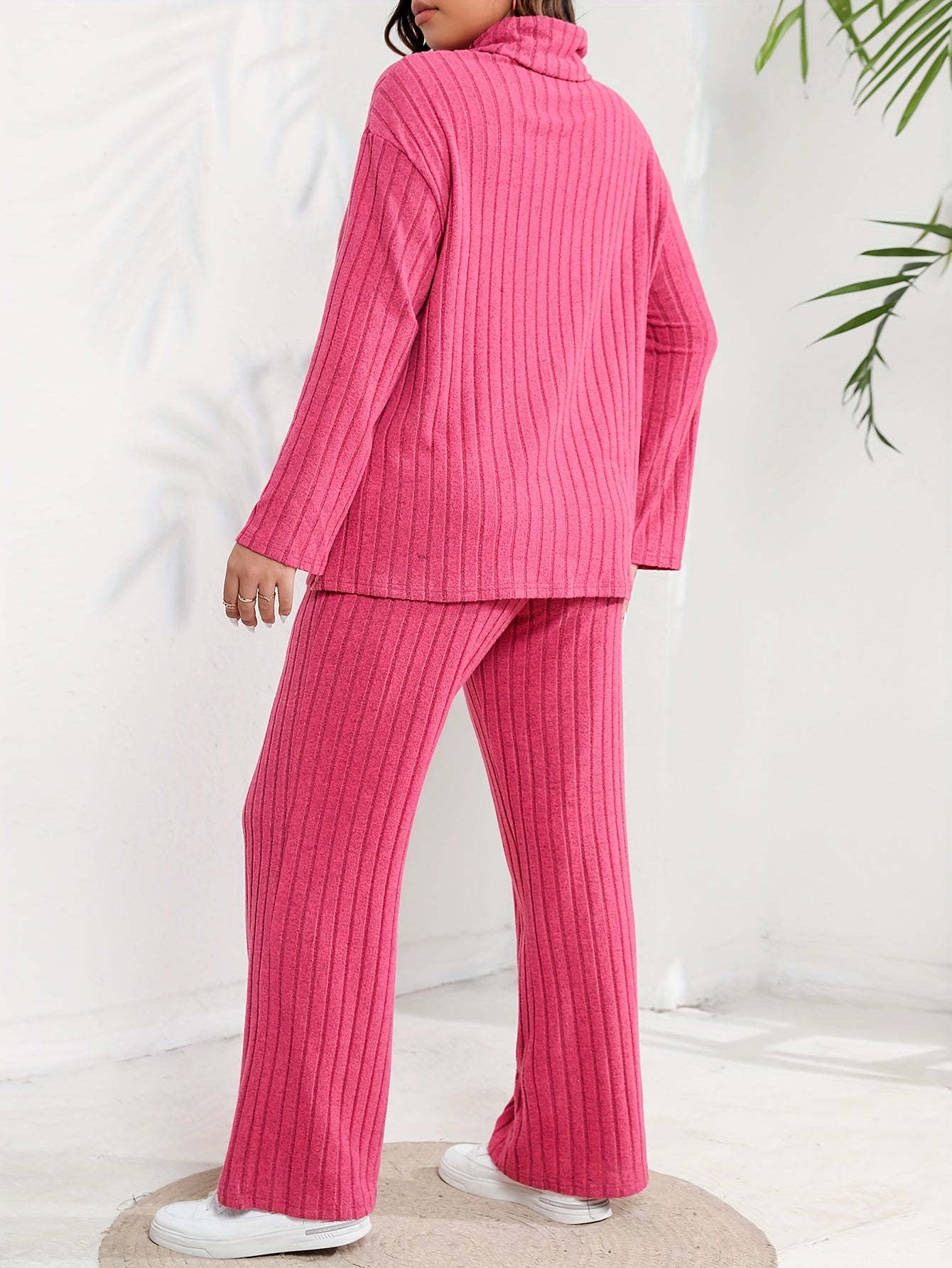  Ribbed Top & Wide Leg Pants Set Long Sleeve Turtleneck