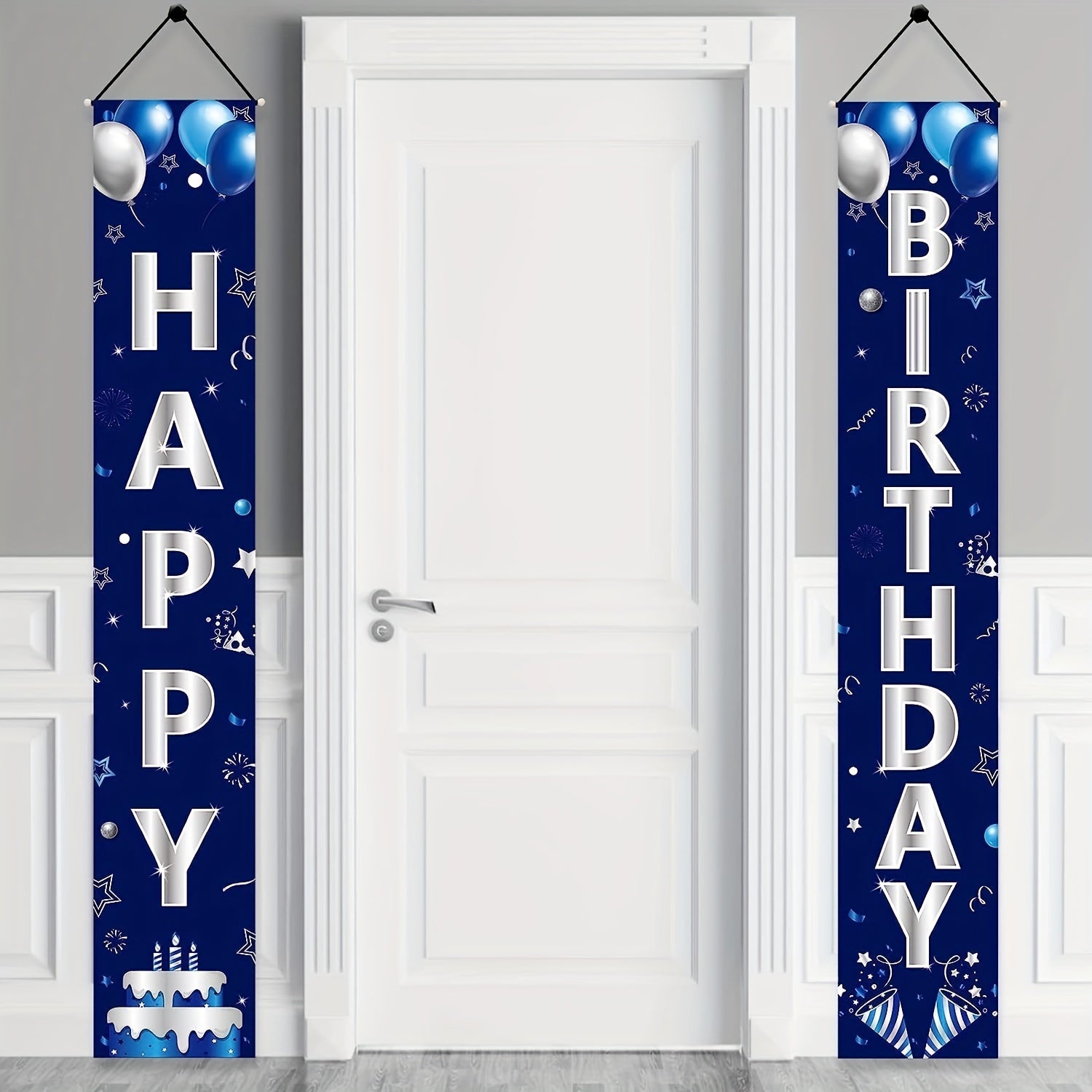 2pcs Happy Birthday Door Banner Silvery Decorations Party Supplies