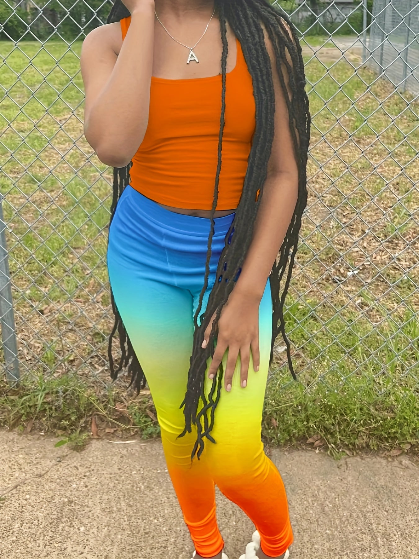  2 Piece Set Crew Neck Tank & Ombre Print Leggings