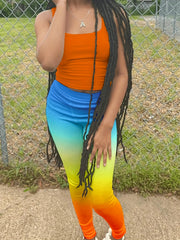  2 Piece Set Crew Neck Tank & Ombre Print Leggings