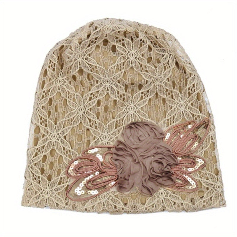 Flower Decor Lace Beanie Solid Turban Hat Lightweight Chemo Cap