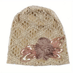 Flower Decor Lace Beanie Solid Turban Hat Lightweight Chemo Cap