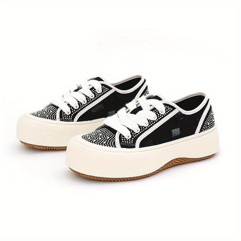 Rhinestone Mesh Low Top Chunky Shoes Women's Casual Heightening Board Shoes
