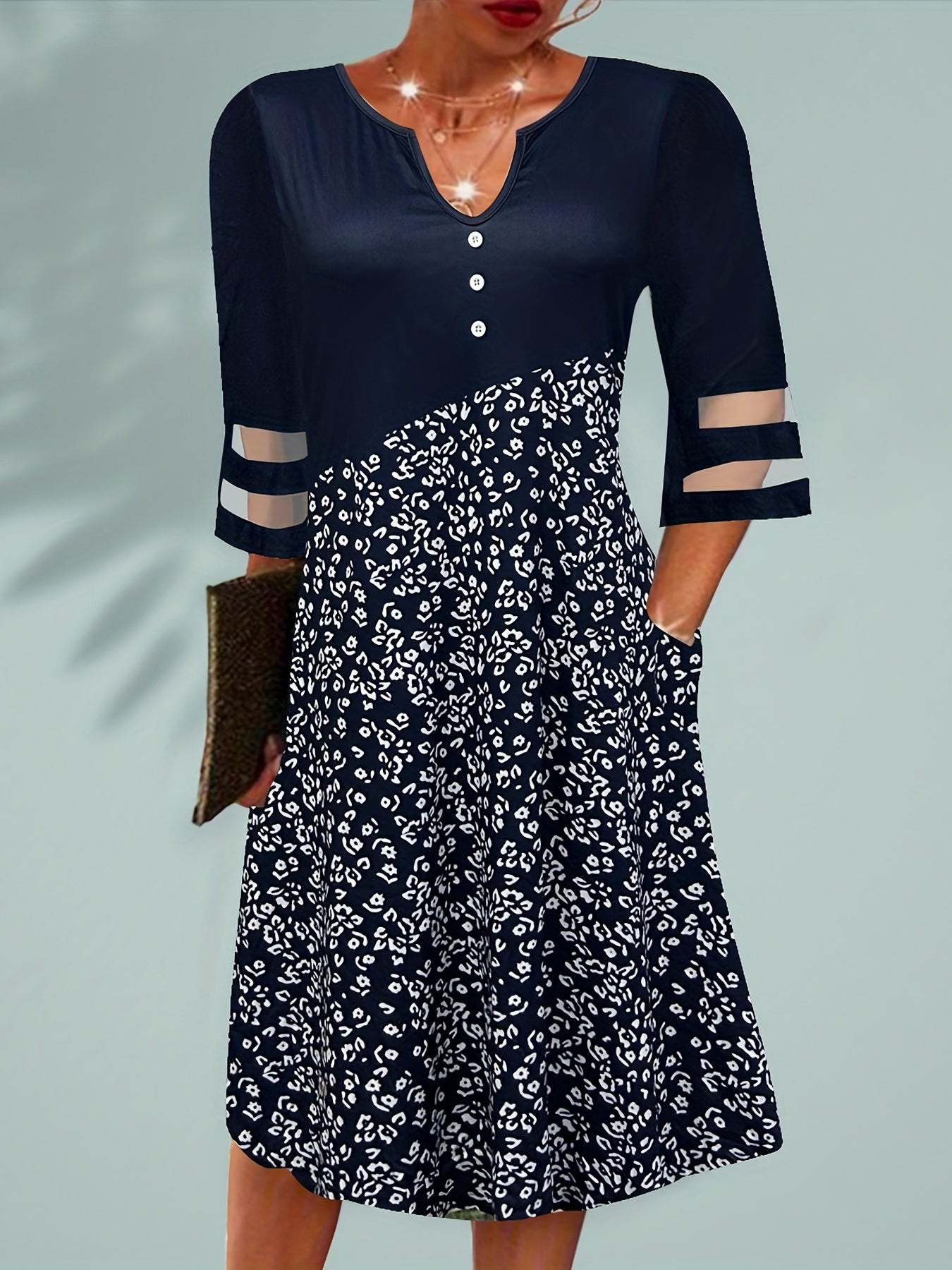  Boho Dress Colorblock Floral Print Mesh Sleeve Stretch Dress