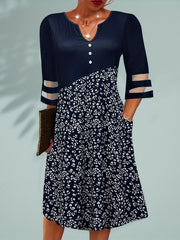  Boho Dress Colorblock Floral Print Mesh Sleeve Stretch Dress