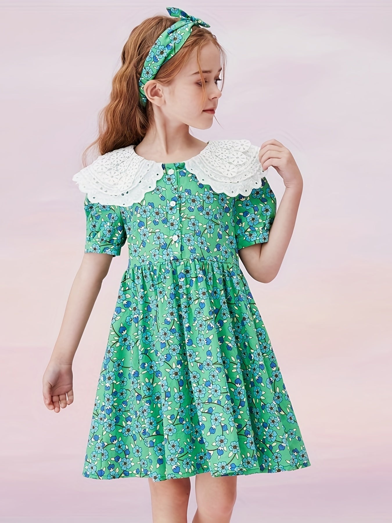 Girls Summer Floral Dress Doll Collar Casual Student Dress