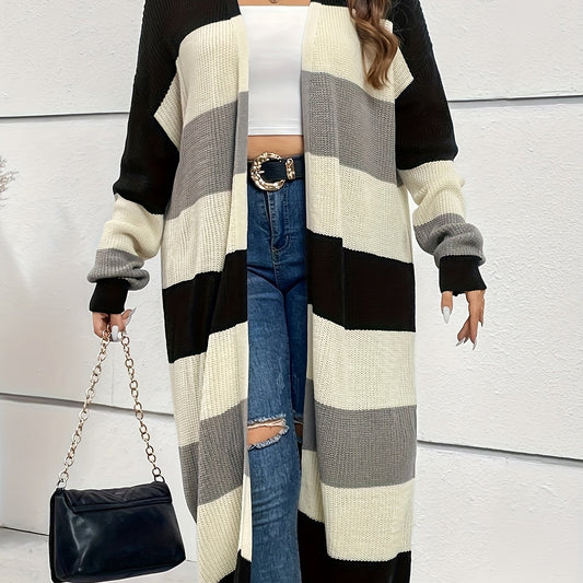  Colorblock Long Sleeve Longline Cardigan Women's Plus