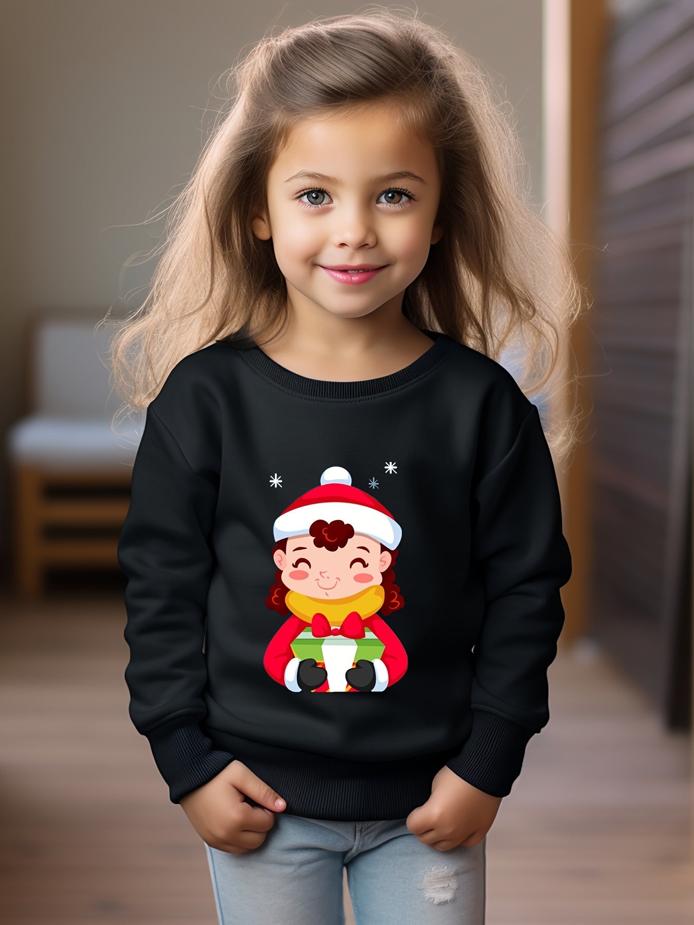 Christmas Girl Graphic Crew Neck Long Sleeve Sweatshirt Kids Clothes