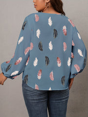  Feather Print Lace Trim V Neck Top