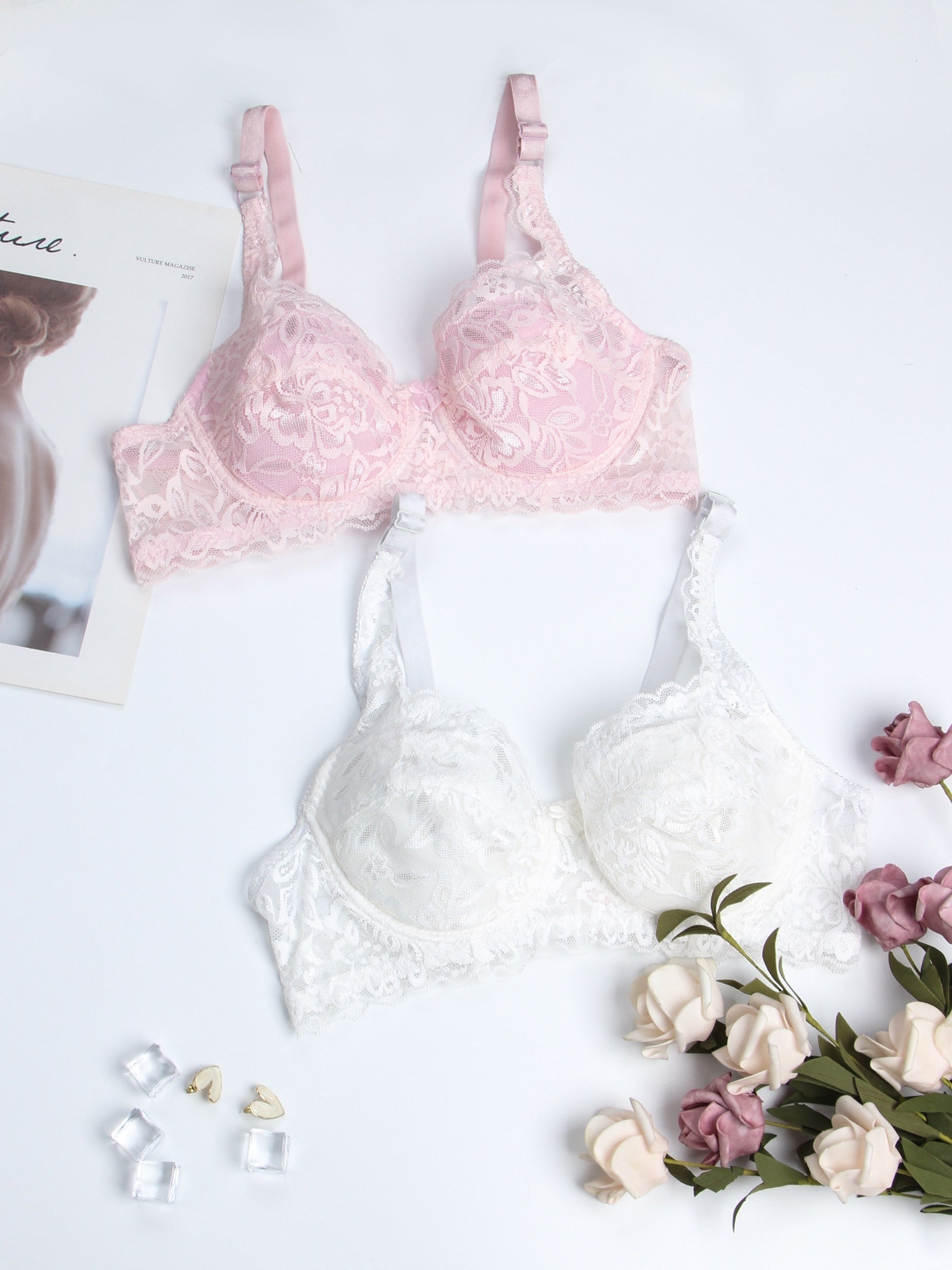 2pcs Lace Push Up Bras Scallop Trim Women's Lingerie