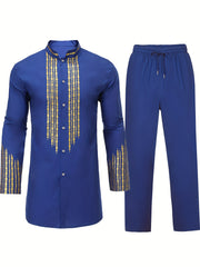 Solid Cotton Men's African 2 Pcs Set Dashiki & Pants Outfit