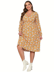  Floral Print Surplice Neck Midi Dress