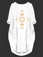 Women's Plus Moon & Sun Print Roll Up Sleeve Round Neck Tunic Dress