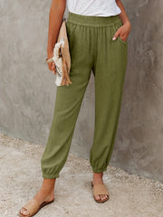  Solid Elastic High Rise Loose Fit Jogger Trousers With Pockets