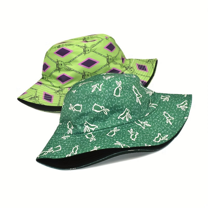 Green Rabbit Print Reversible Sunscreen Basin Hat Casual Fisherman Cap