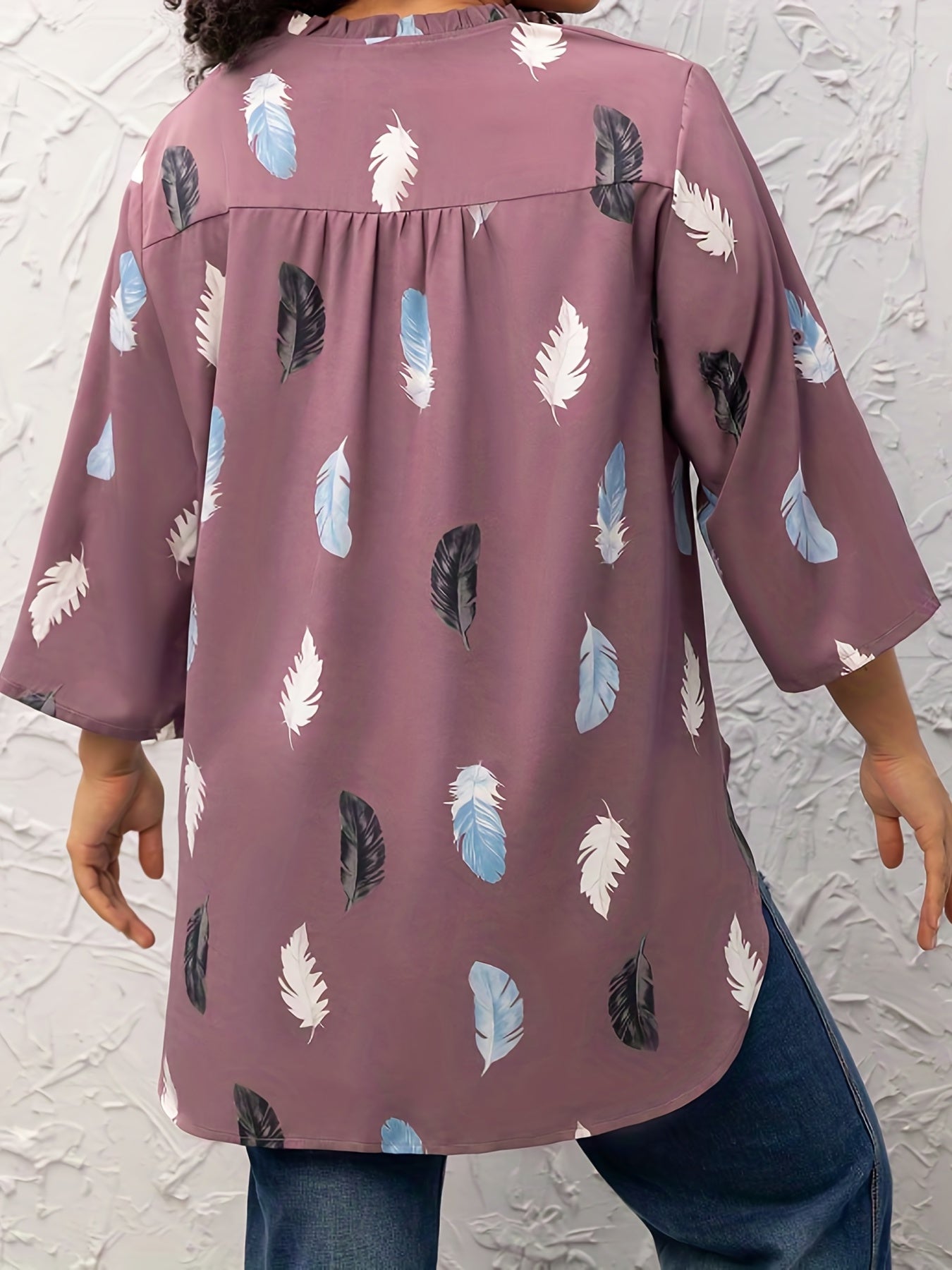  Casual Blouse Women's Plus Feather Print Long Sleeve