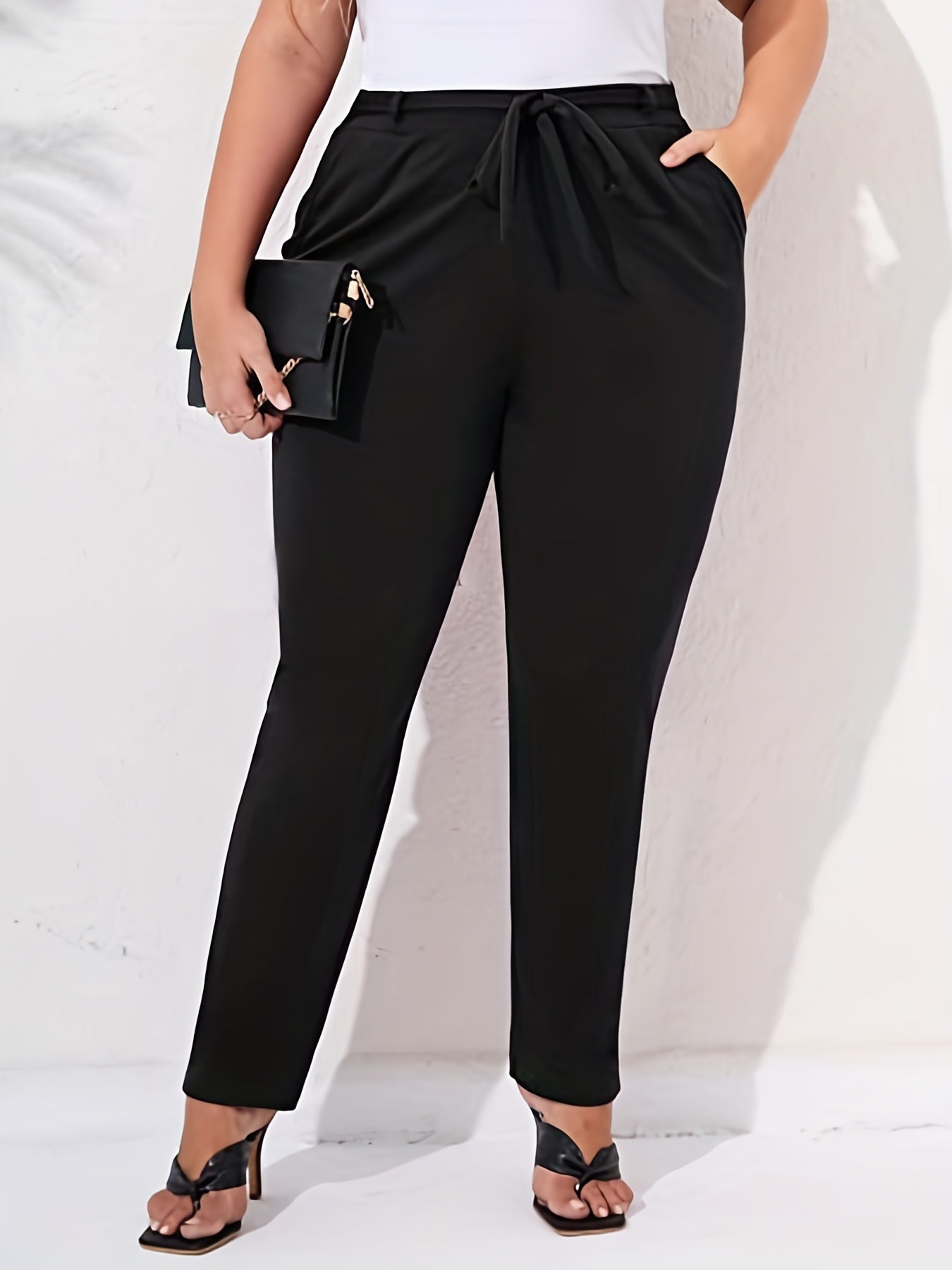  Casual Pants Women's Plus Solid Drawstring High Rise High Stretch Knot