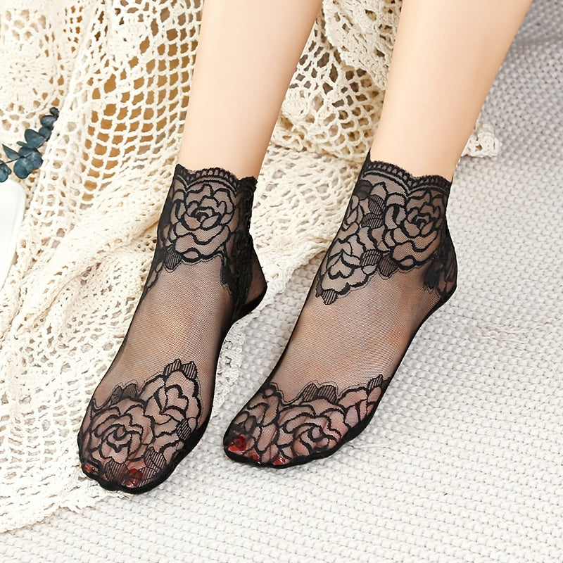 5 Pairs Floral Lace Short Socks Lightweight Stockings & Hosiery