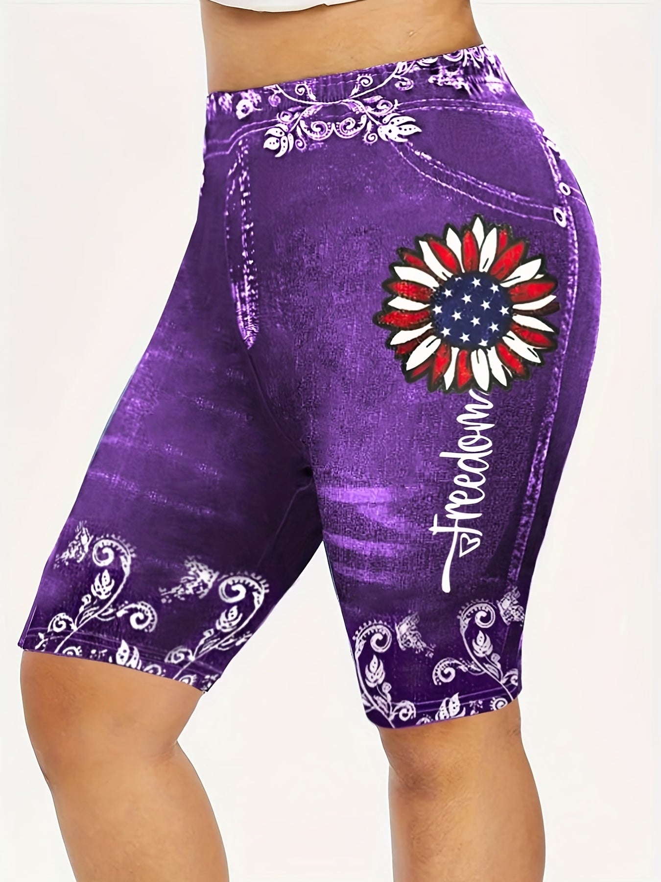  Floral & Skull Print Denim Shorts, Medium Stretch Skinny Fit