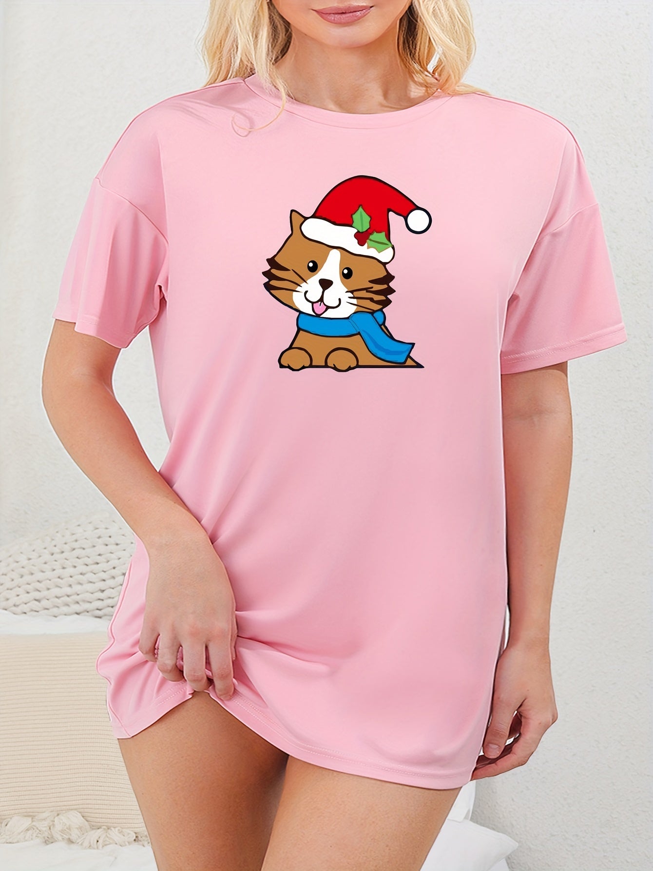  Christmas Cat Print Lounge Dress with Santa Hat