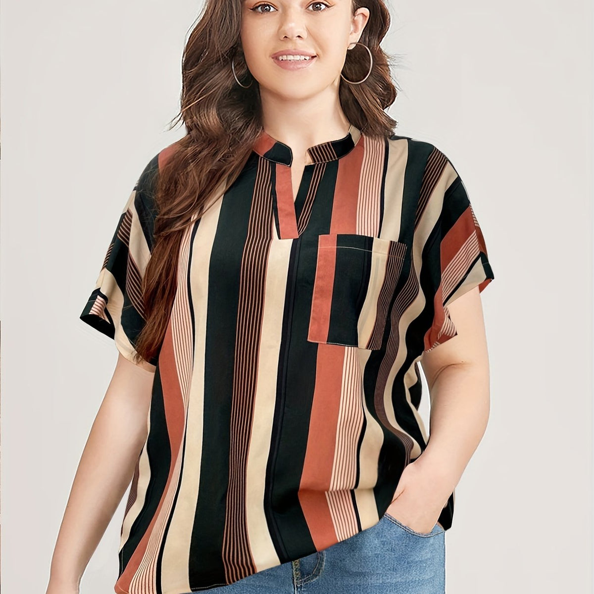  Striped Print Batwing Sleeve Notched Neck Top