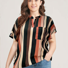 Striped Print Batwing Sleeve Notched Neck Top