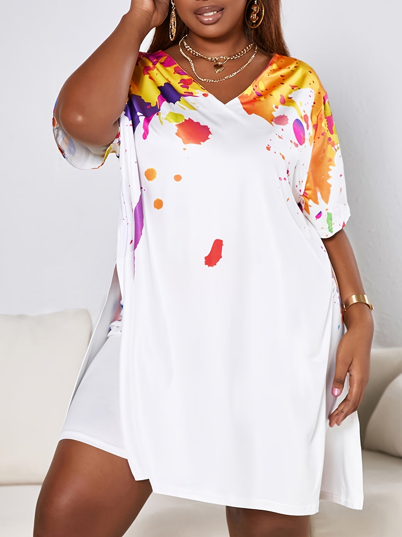  Ink Print V Neck T shirt & Shorts Set