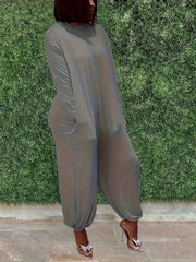  Solid Long Sleeve Round Neck Jumpsuit With Pockets