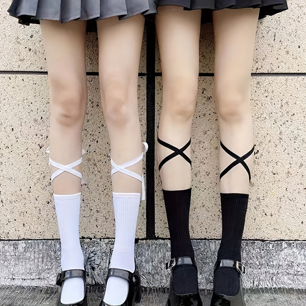 2 Pairs Strappy Mid Tube Socks for Women