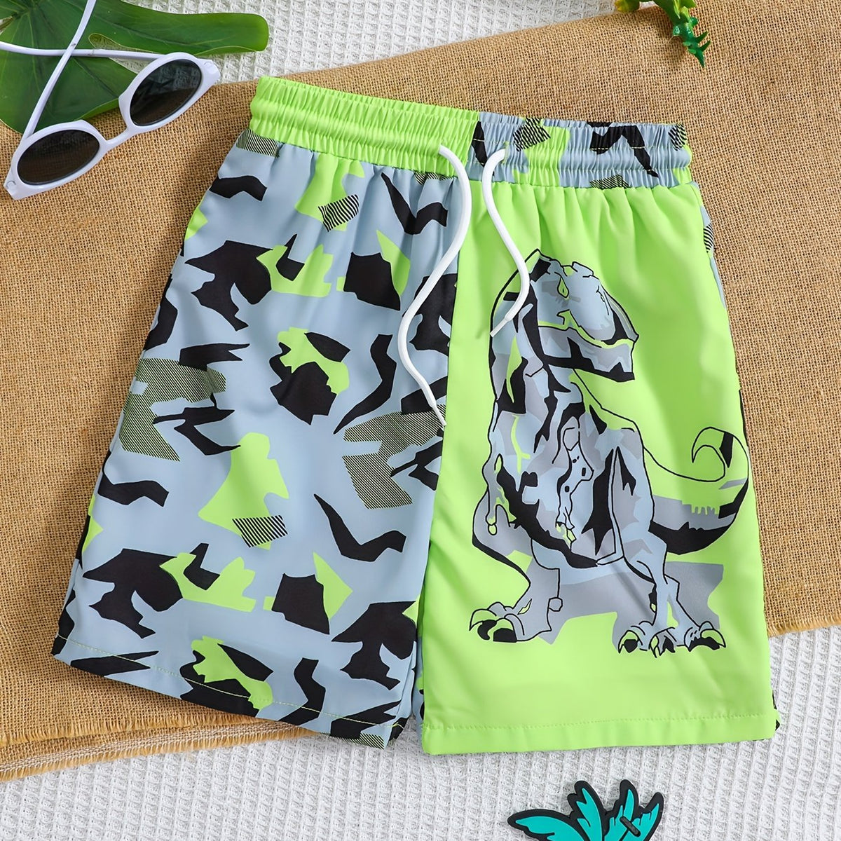 Boys Geometric Dinosaur Swim Trunks Elastic Waist Beach Shorts