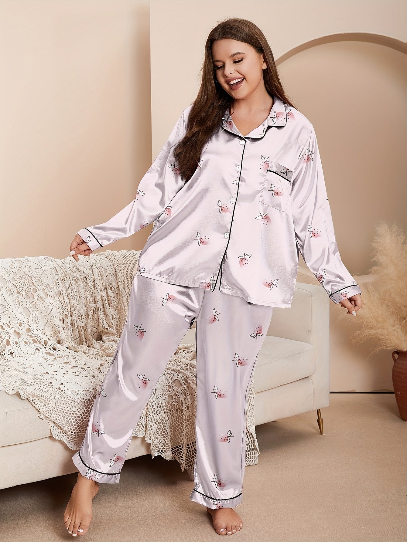  Retro Pajamas Set Women's Butterfly Moon Print Satin