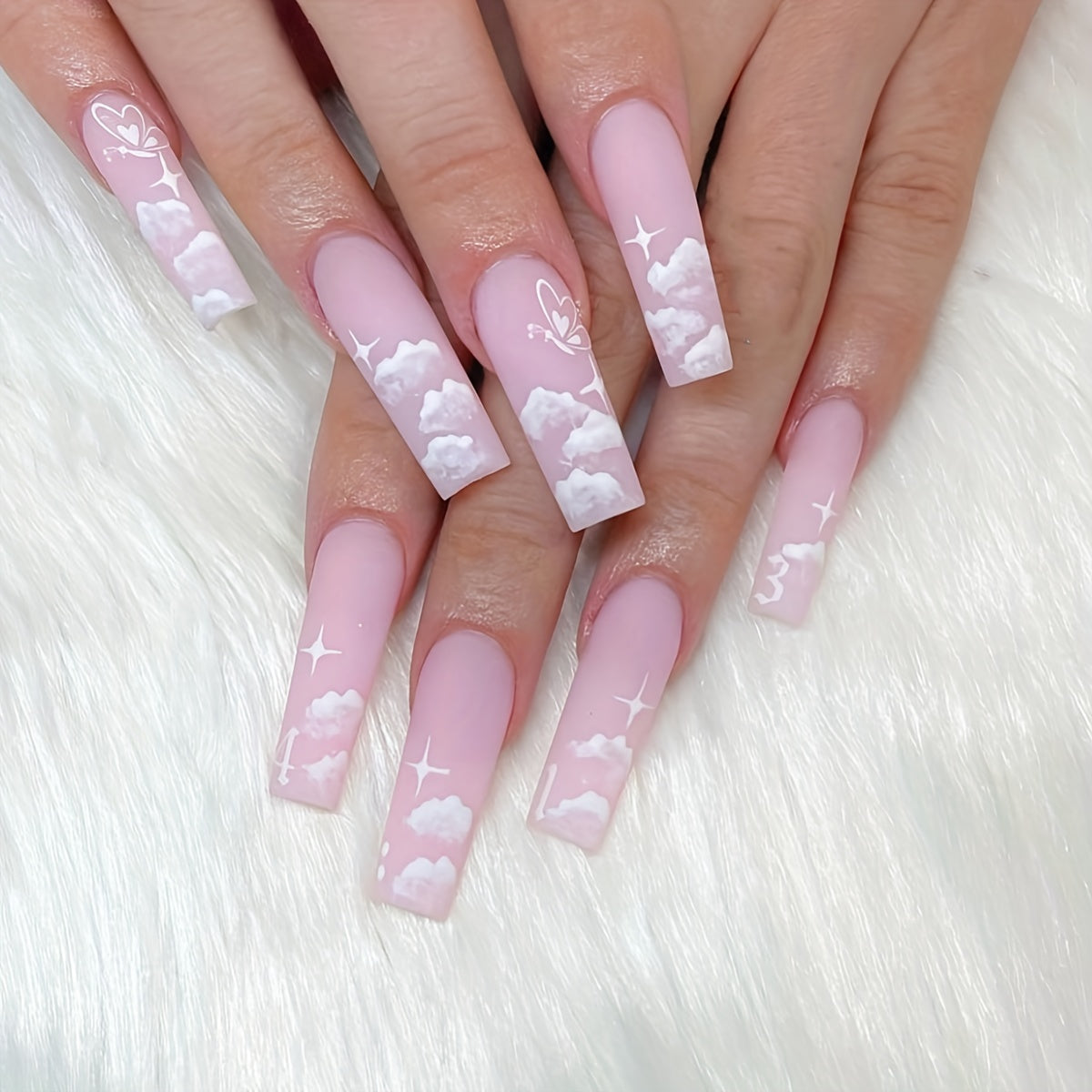 Pink Cloud Butterfly Press On Nails Set with Nail File & Jelly Glue