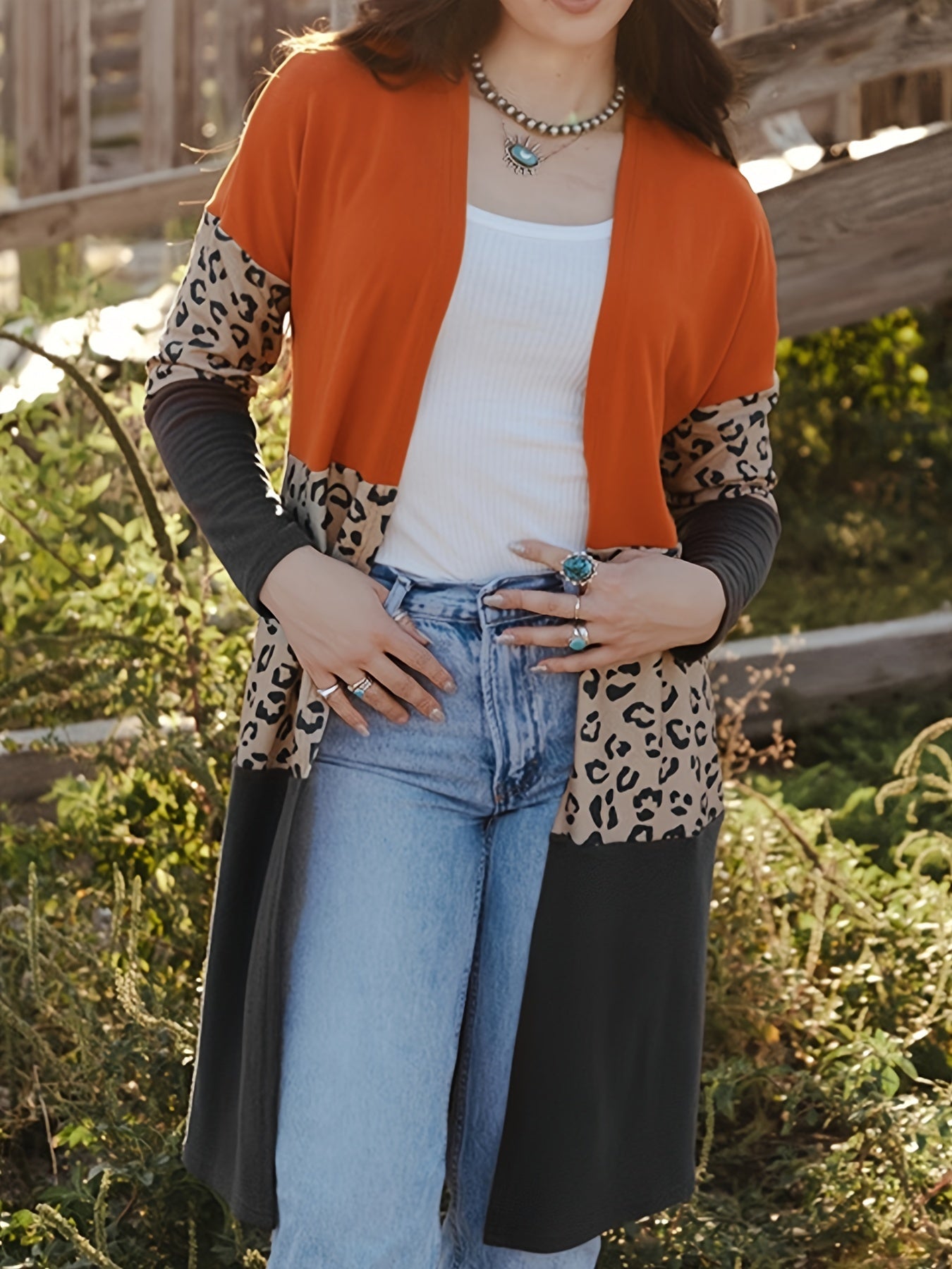 Women's Plus Leopard Print Long Sleeve Open Front Cardigan