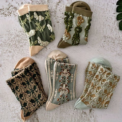 5 Pairs Floral Print Comfy Mid Tube Socks Women's Stockings