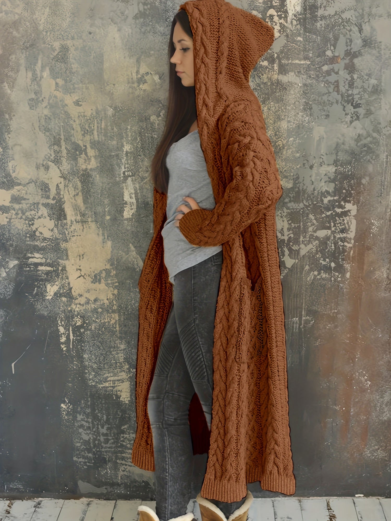  Women's Solid Hooded Cardigan Coat Knitted Sweater Coat