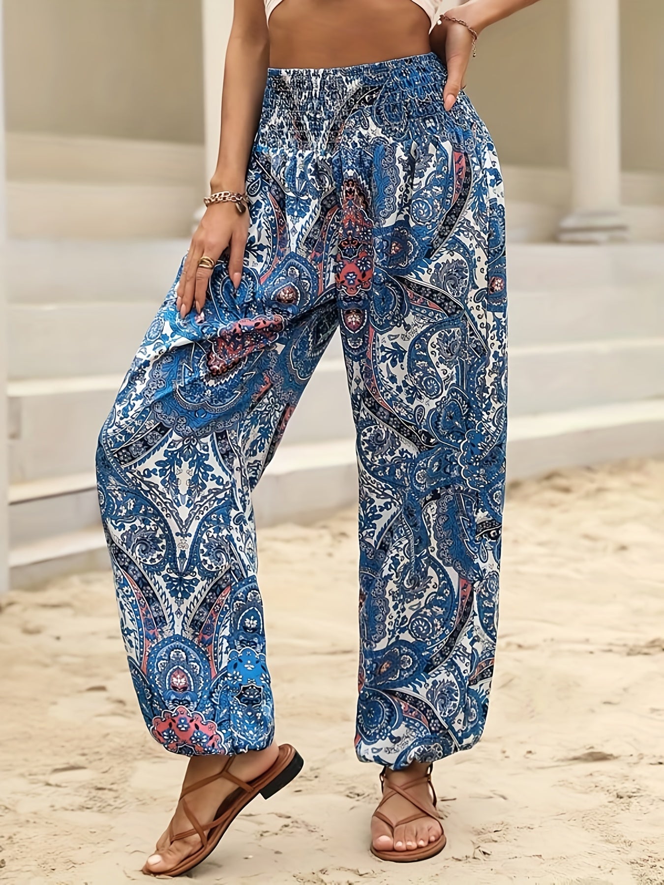 Paisley Print Shirred Waist Pants Boho Long Length Jogger Pants