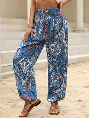 Paisley Print Shirred Waist Pants Boho Long Length Jogger Pants