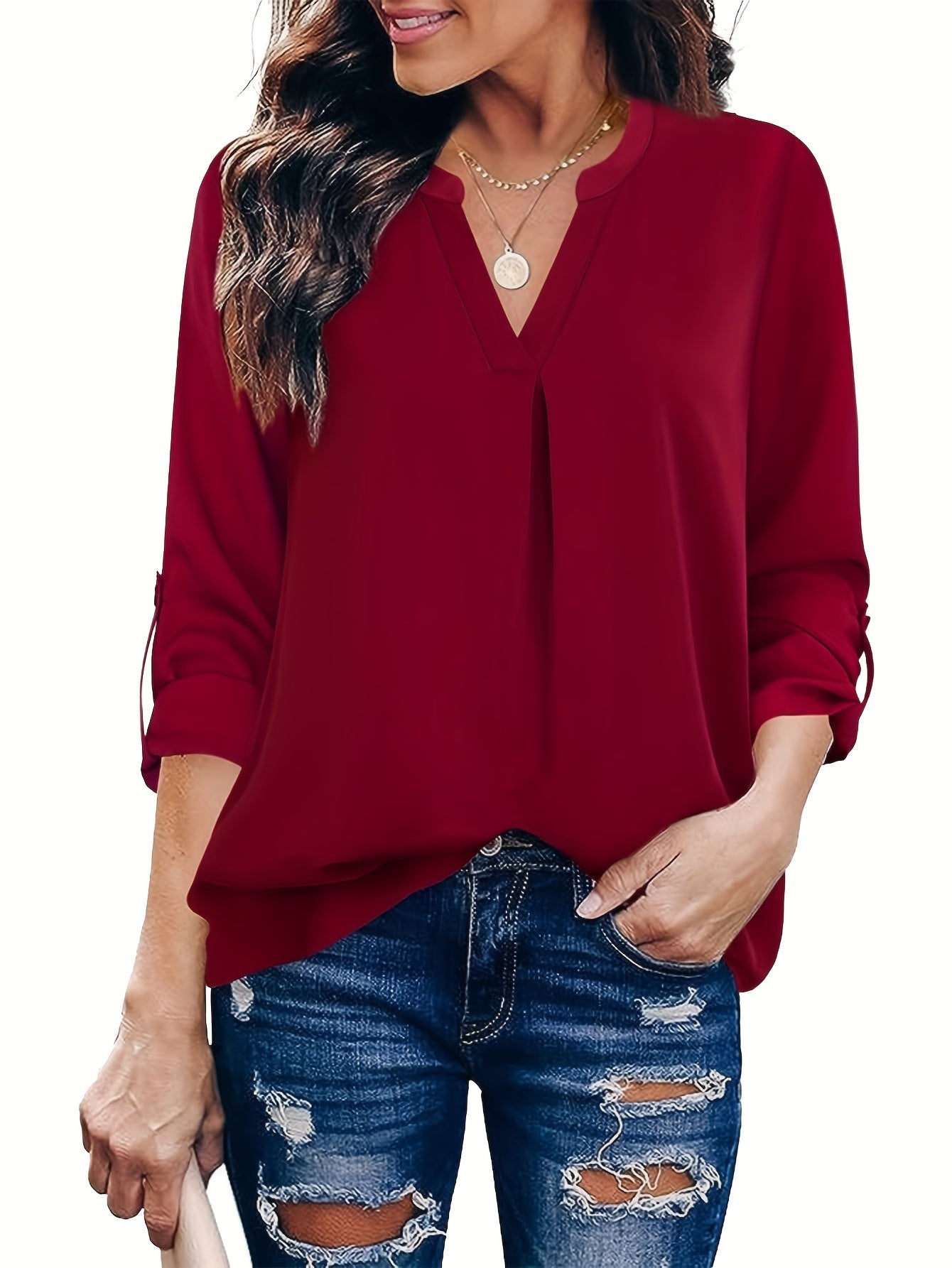  Casual Blouse Women's Solid Roll Up Long Sleeve V Neck Top