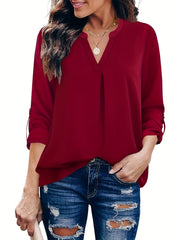  Casual Blouse Women's Solid Roll Up Long Sleeve V Neck Top
