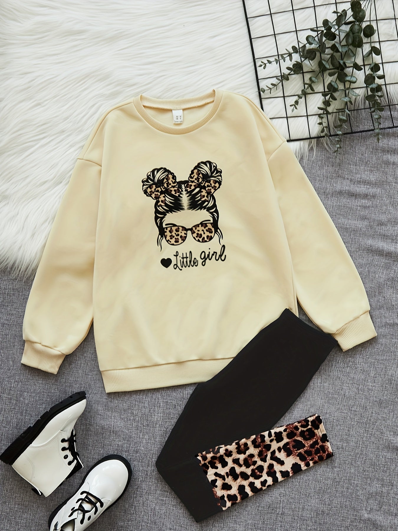 Girls Leopard Print Sweatshirt Top & Leggings Set for Kids