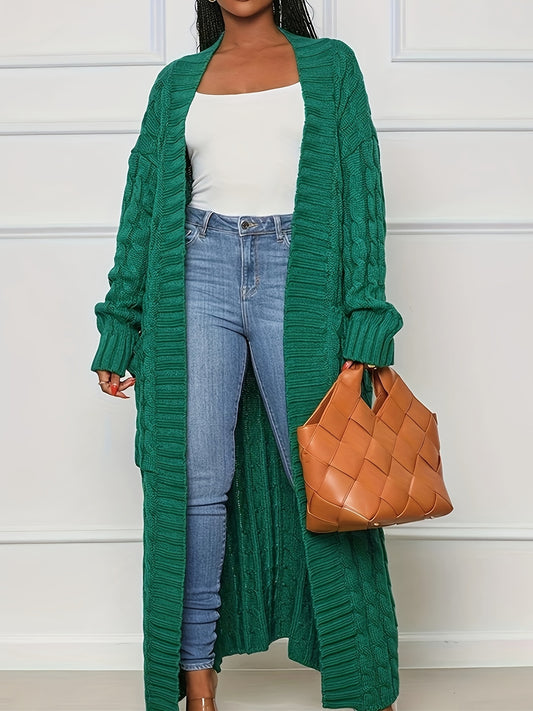  Cable Knit Open Front Longline Cardigan with Pockets