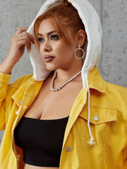  Hooded Denim Jacket Button Up Long Sleeve