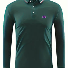 Purple Peacock Print Men's Lapel Polo Shirt Casual Button Up Long Sleeve Top