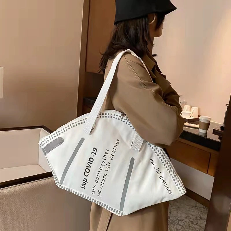 Women Casual Canvas Tote Handbag Letter Print Ladies Shoulder Bag