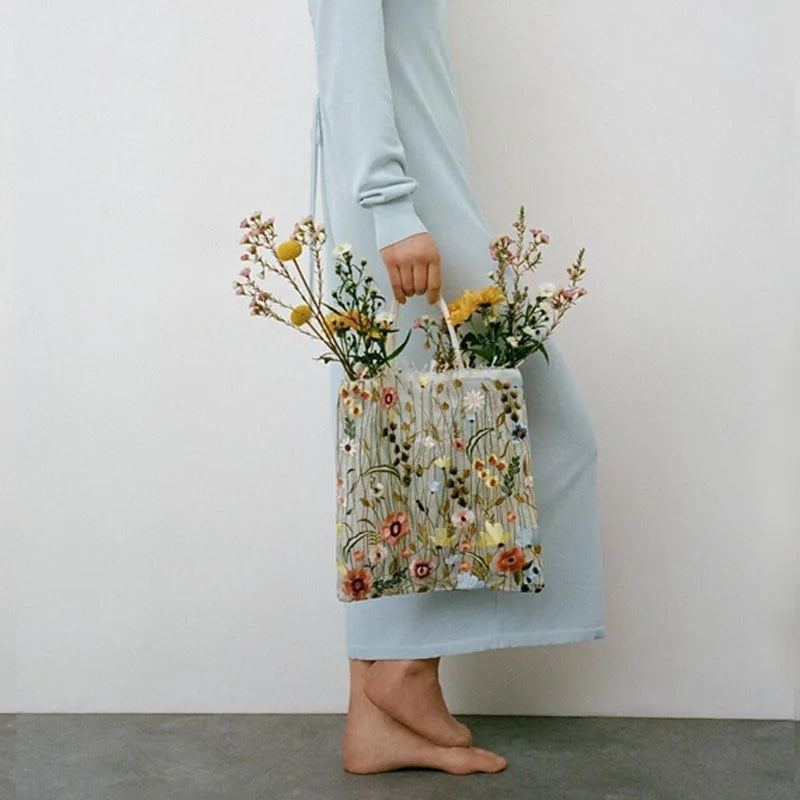 Mesh Embroidery Flowers Clear Shoulder Bag Eco Shopping Tote