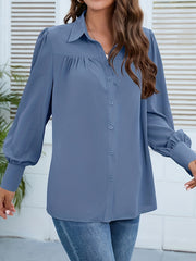  Blouse Lantern Sleeve Ruched Button Up Shirt
