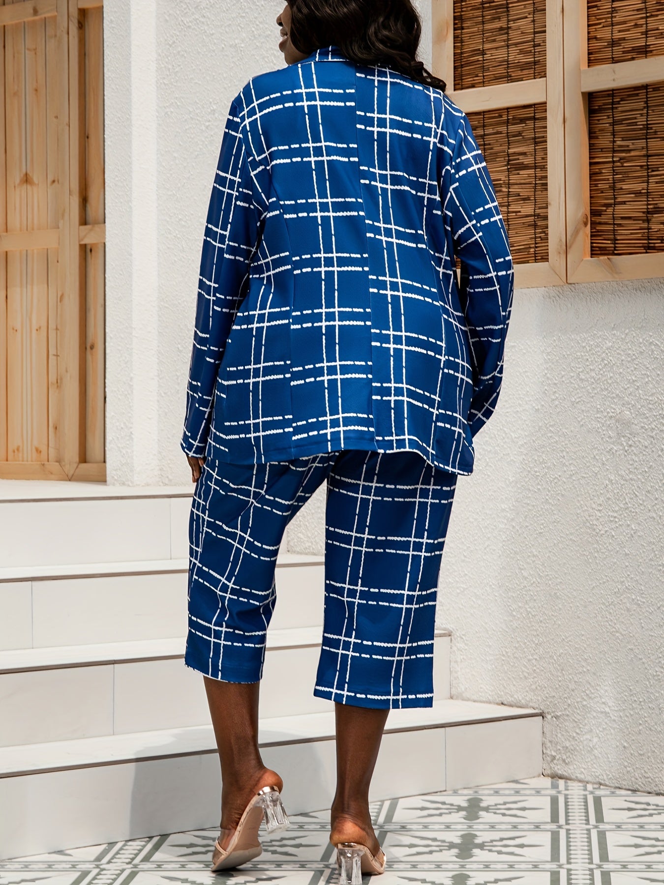  Grid Print Blazer & Pants Suit Sets