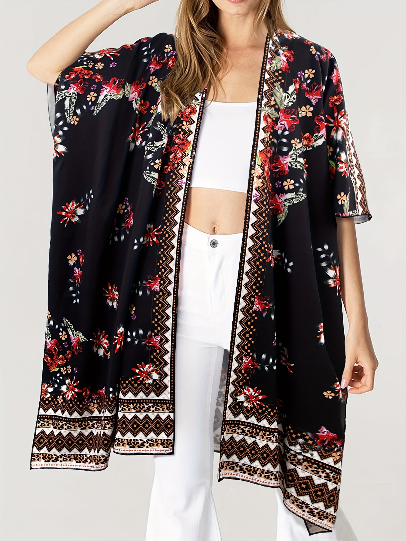  Border Floral Print Batwing Sleeve Beach Cover Up