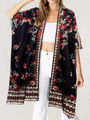  Border Floral Print Batwing Sleeve Beach Cover Up