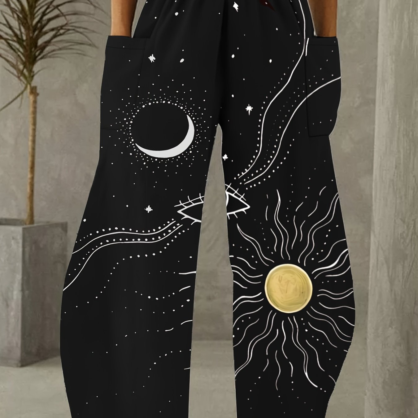 Women's Plus Eye & Moon & Sun Print High Rise Wide Leg Trousers